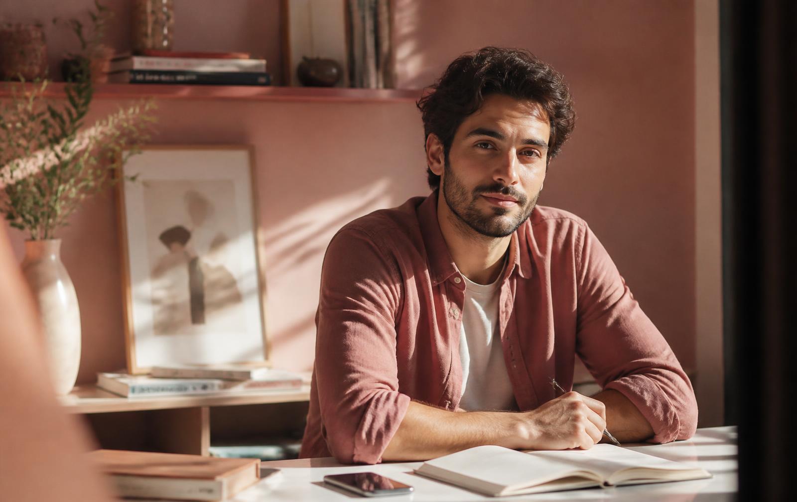 A man sitting calmly at a sunlit desk with his phone and notebook
