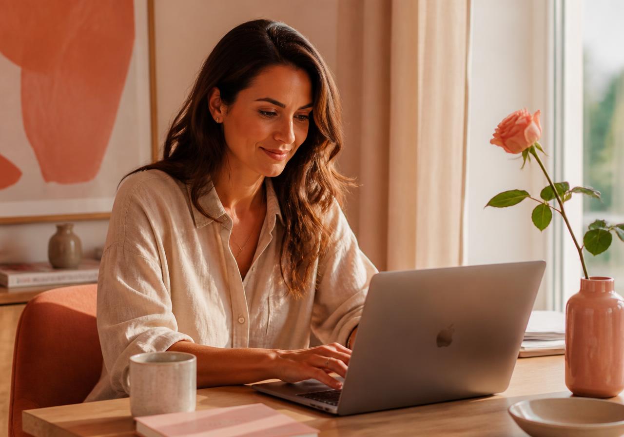 A woman working calmly at her laptop at a sunlit desk