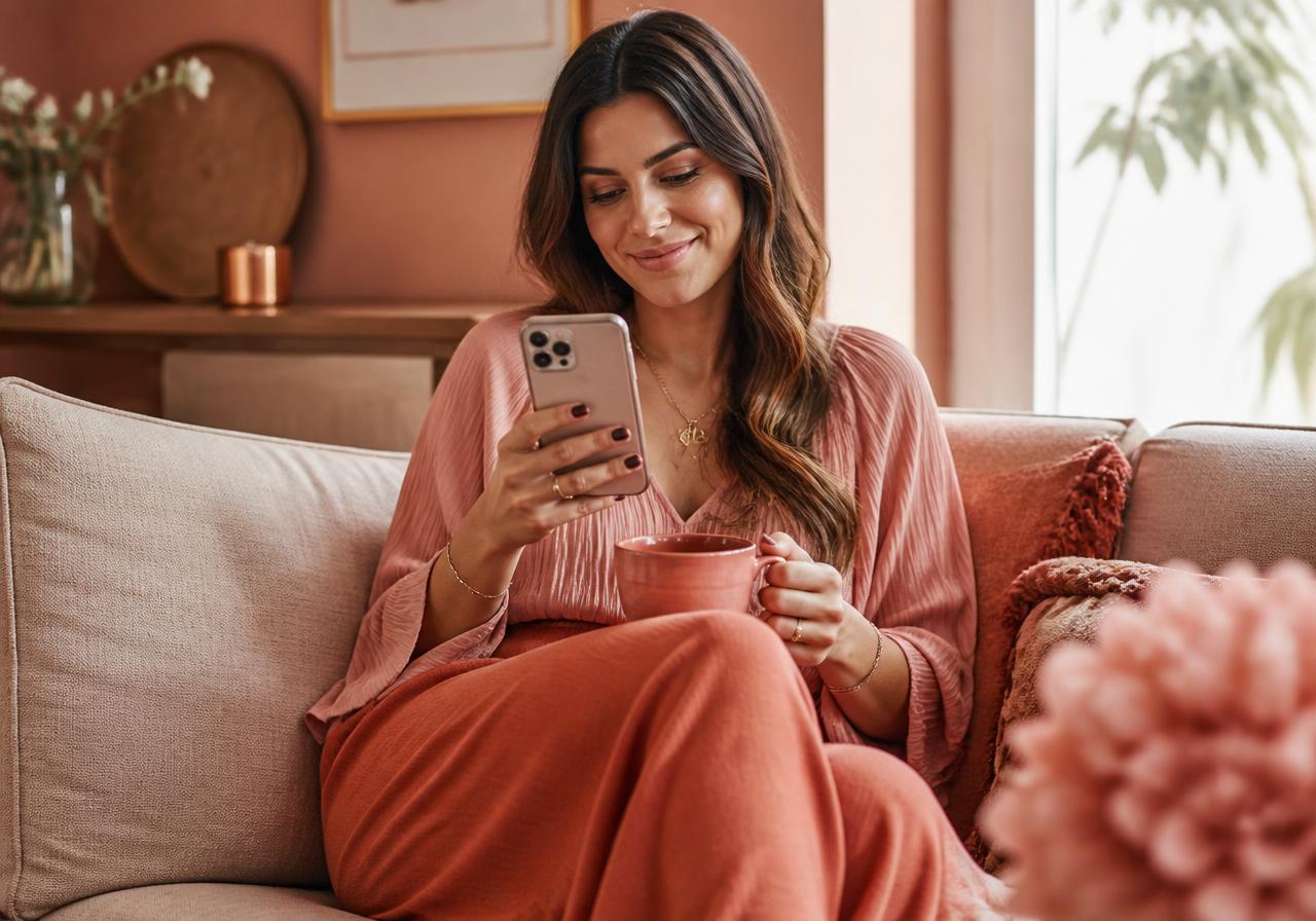 A woman sitting on a couch with tea, reading on her phone